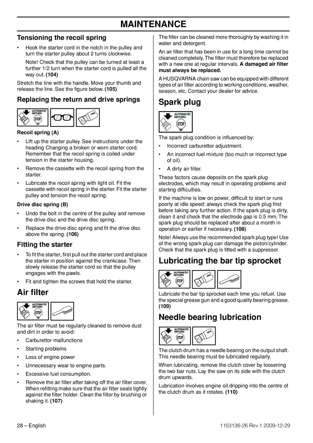 Husqvarna 1153136-26 manual Air ﬁlter, Spark plug, Lubricating the bar tip sprocket, Needle bearing lubrication 