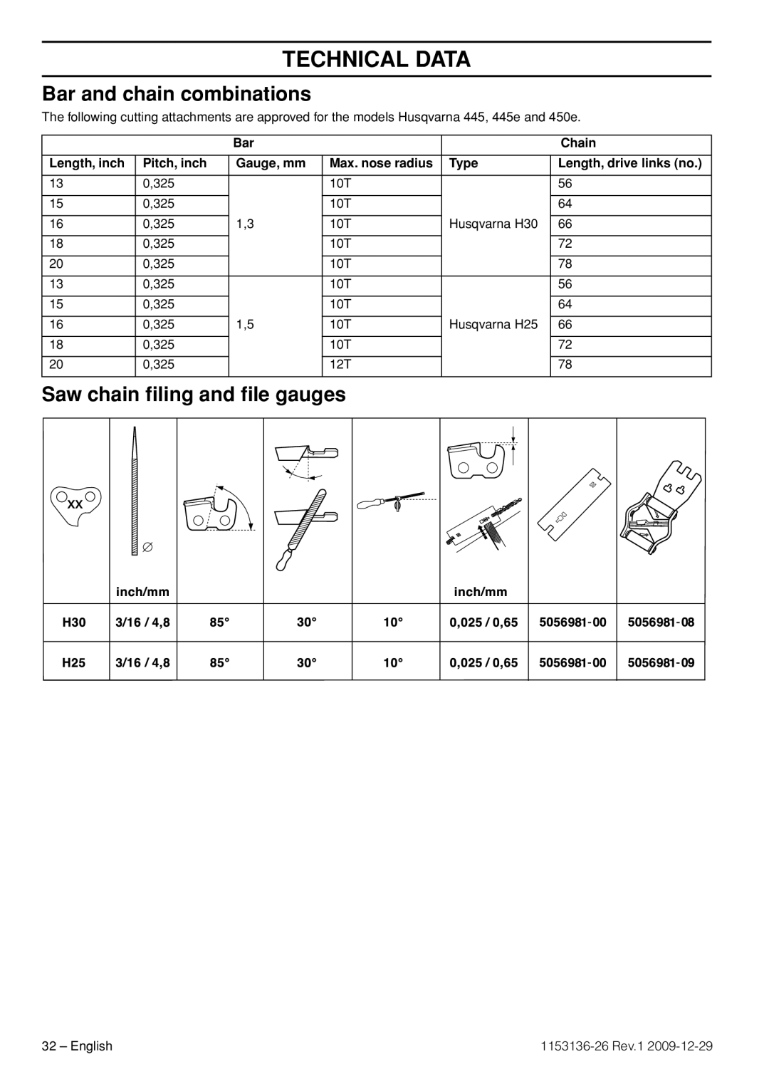 Husqvarna 1153136-26 manual Bar and chain combinations, Saw chain ﬁling and ﬁle gauges 