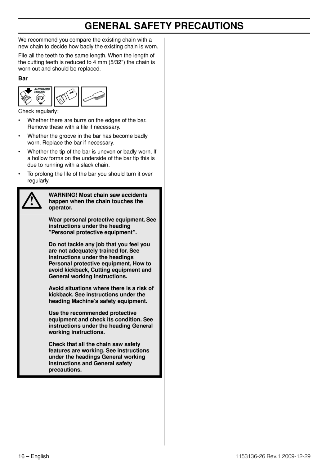 Husqvarna 1153136-26 manual General Safety Precautions 