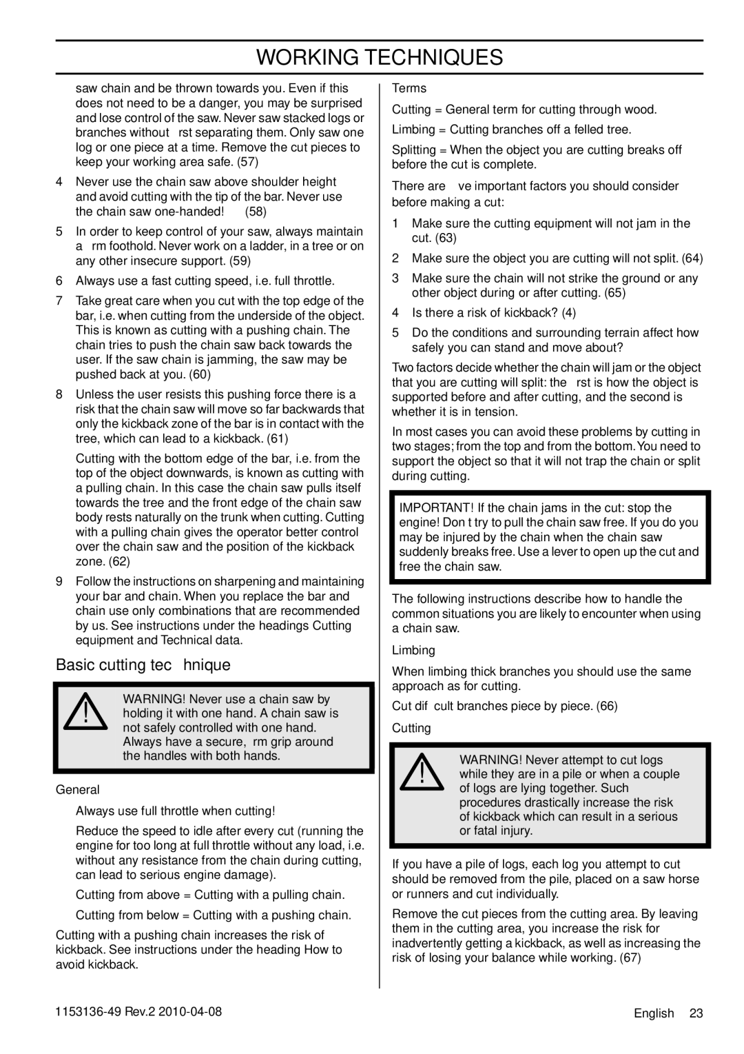 Husqvarna 1153136-49 manuel dutilisation Basic cutting technique, Terms, Limbing 