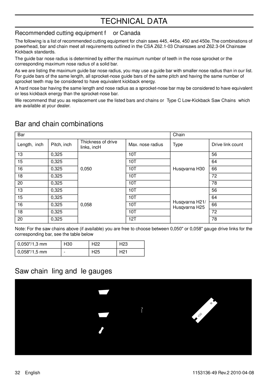 Husqvarna 1153136-49 Bar and chain combinations, Saw chain ﬁling and ﬁle gauges, Recommended cutting equipment for Canada 