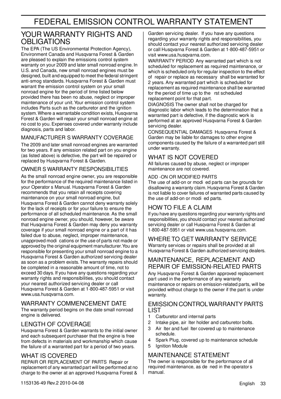 Husqvarna 1153136-49 manuel dutilisation Federal Emission Control Warranty Statement, Your Warranty Rights and Obligations 