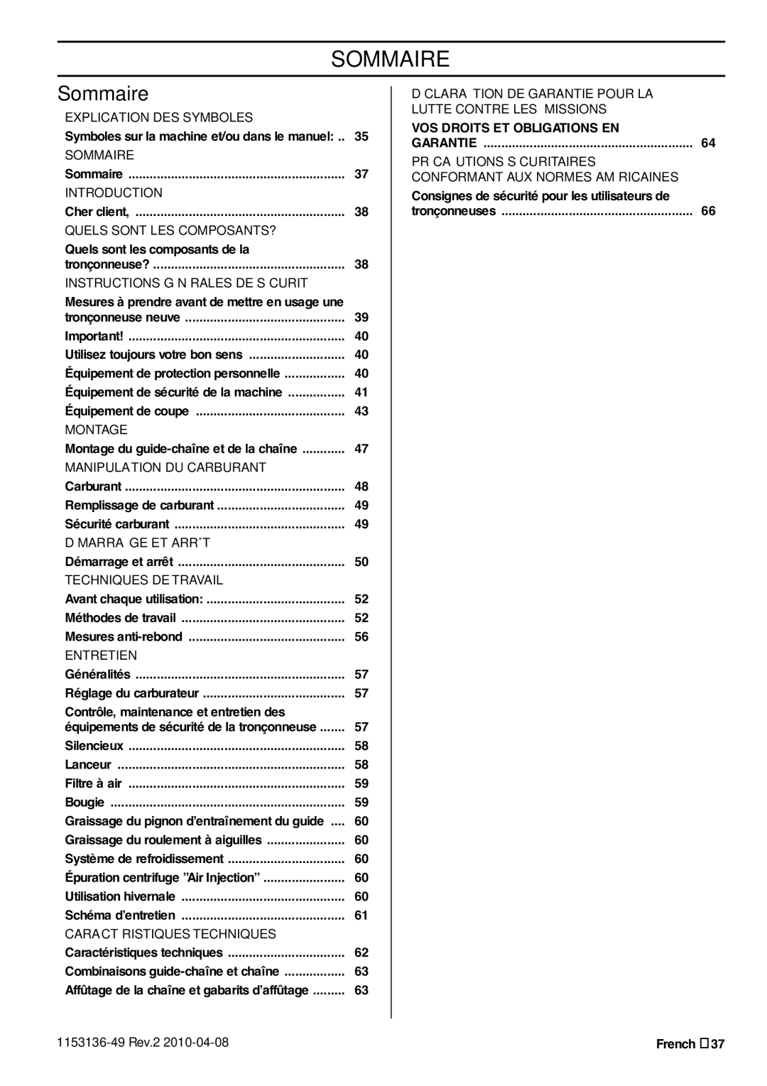 Husqvarna 1153136-49 manuel dutilisation Sommaire, Consignes de sécurité pour les utilisateurs de 