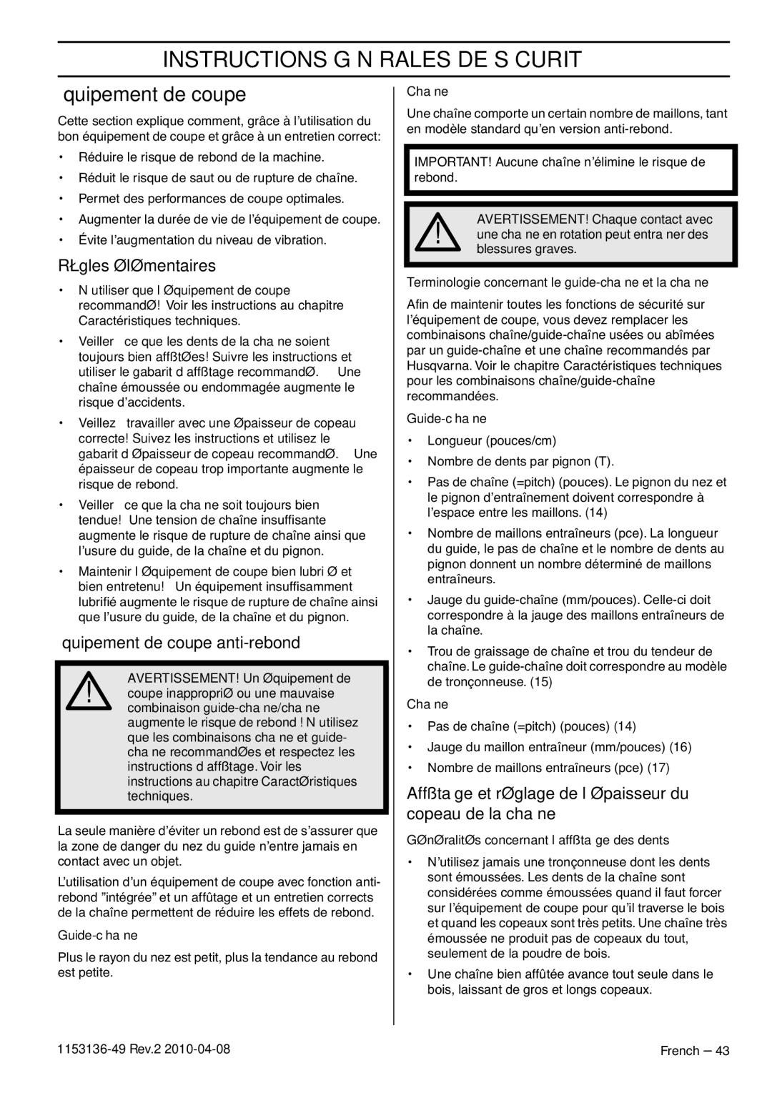 Husqvarna 1153136-49 manuel dutilisation Règles élémentaires, Équipement de coupe anti-rebond 