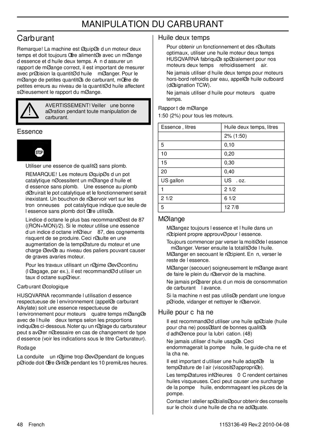 Husqvarna 1153136-49 manuel dutilisation Manipulation DU Carburant 