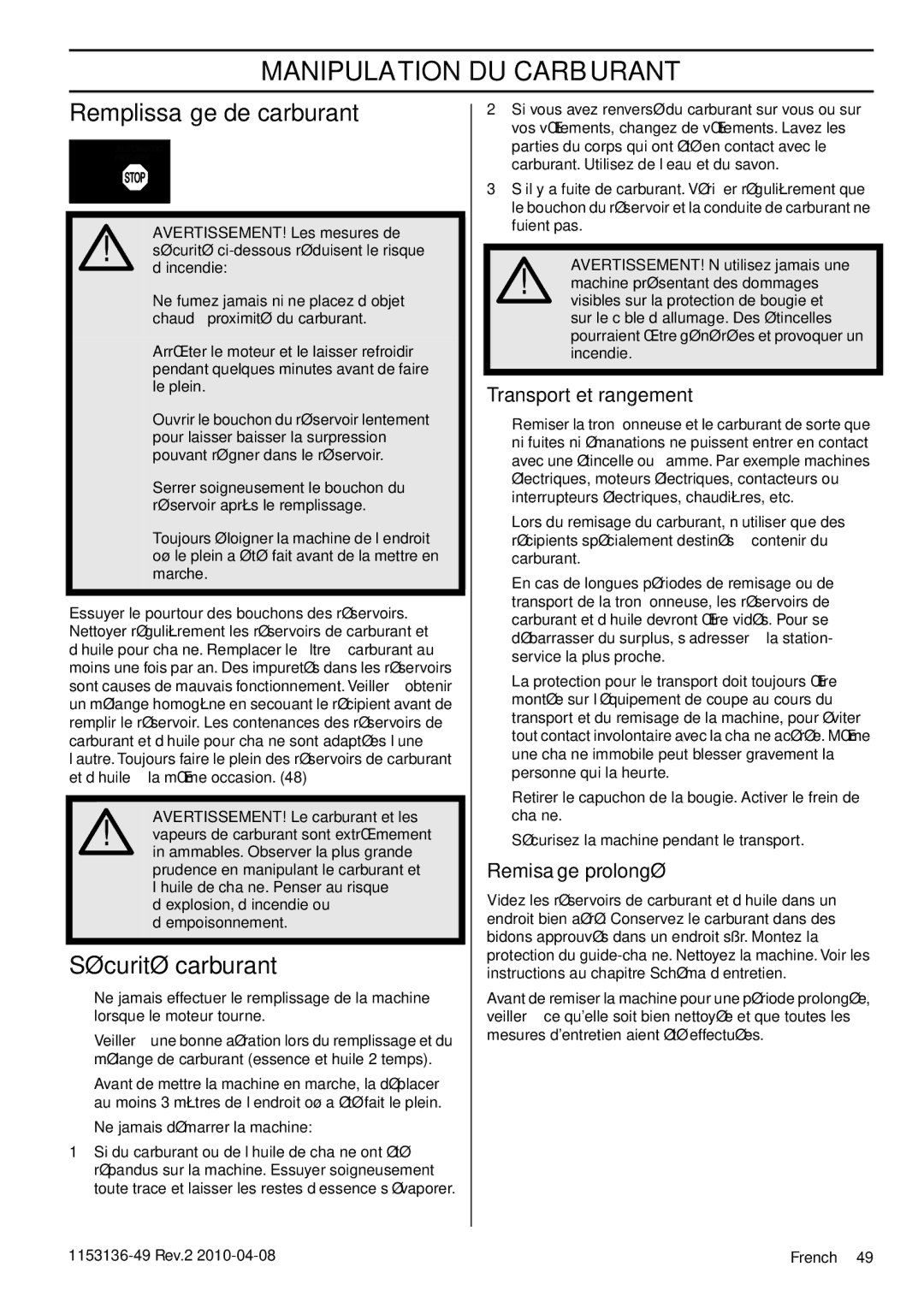 Husqvarna 1153136-49 Remplissage de carburant, Sécurité carburant, Transport et rangement, Remisage prolongé 