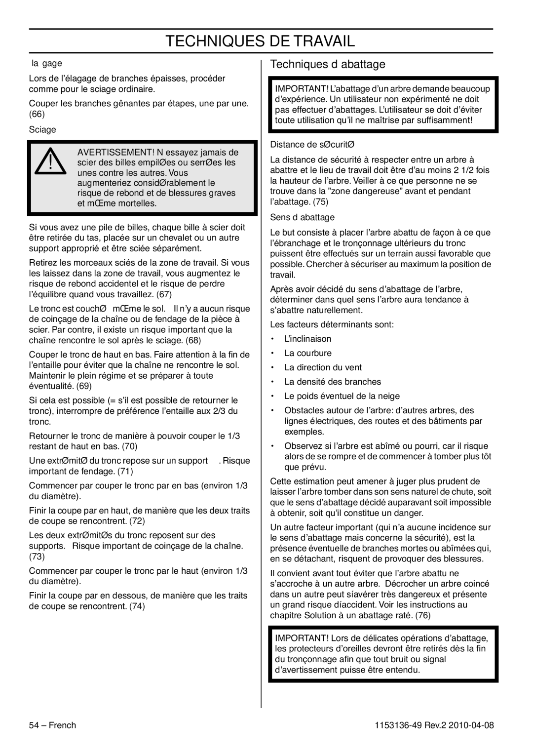 Husqvarna 1153136-49 manuel dutilisation Techniques d’abattage, Élagage, Distance de sécurité, Sens d’abattage 