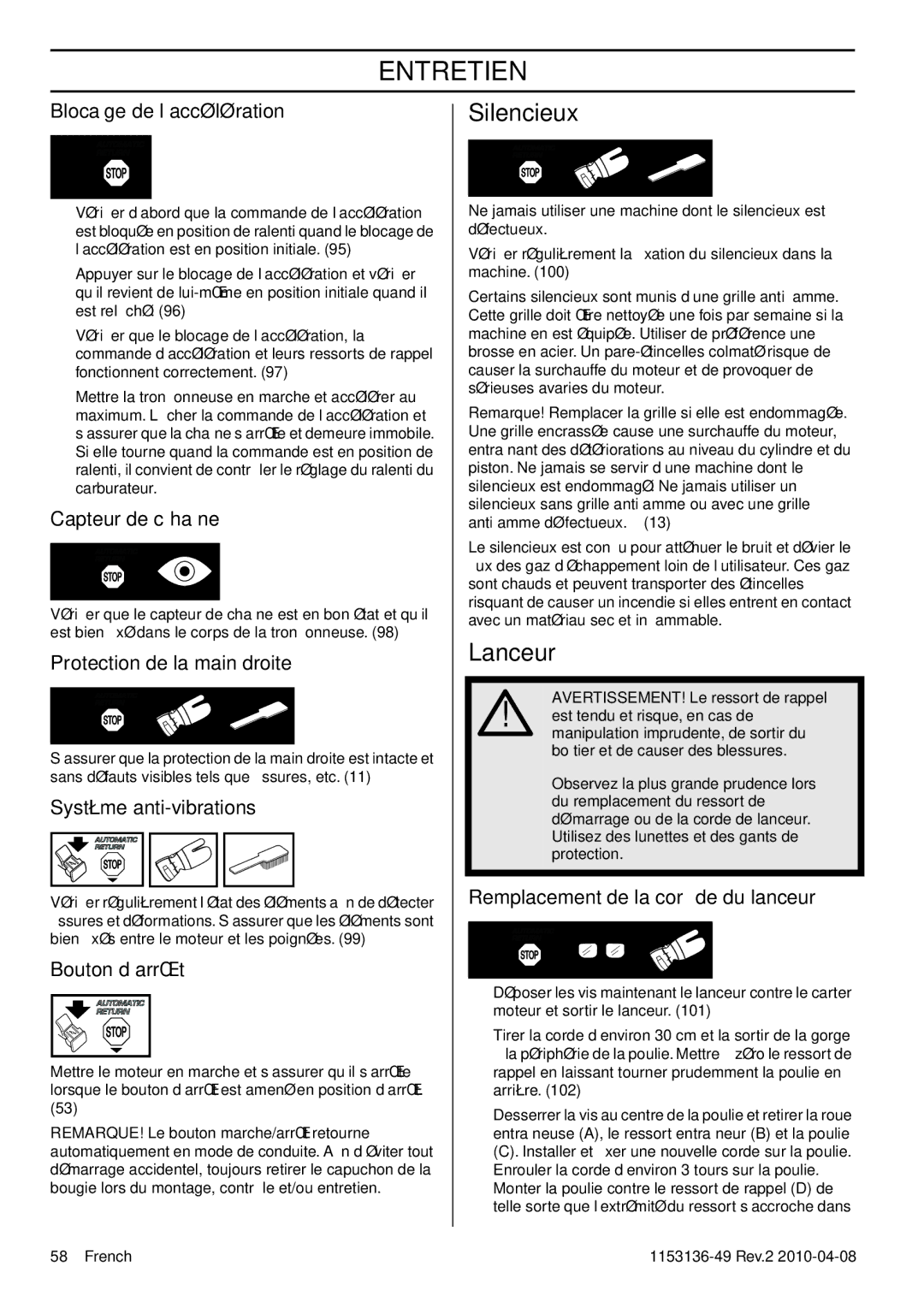 Husqvarna 1153136-49 manuel dutilisation Silencieux, Lanceur, Remplacement de la corde du lanceur 