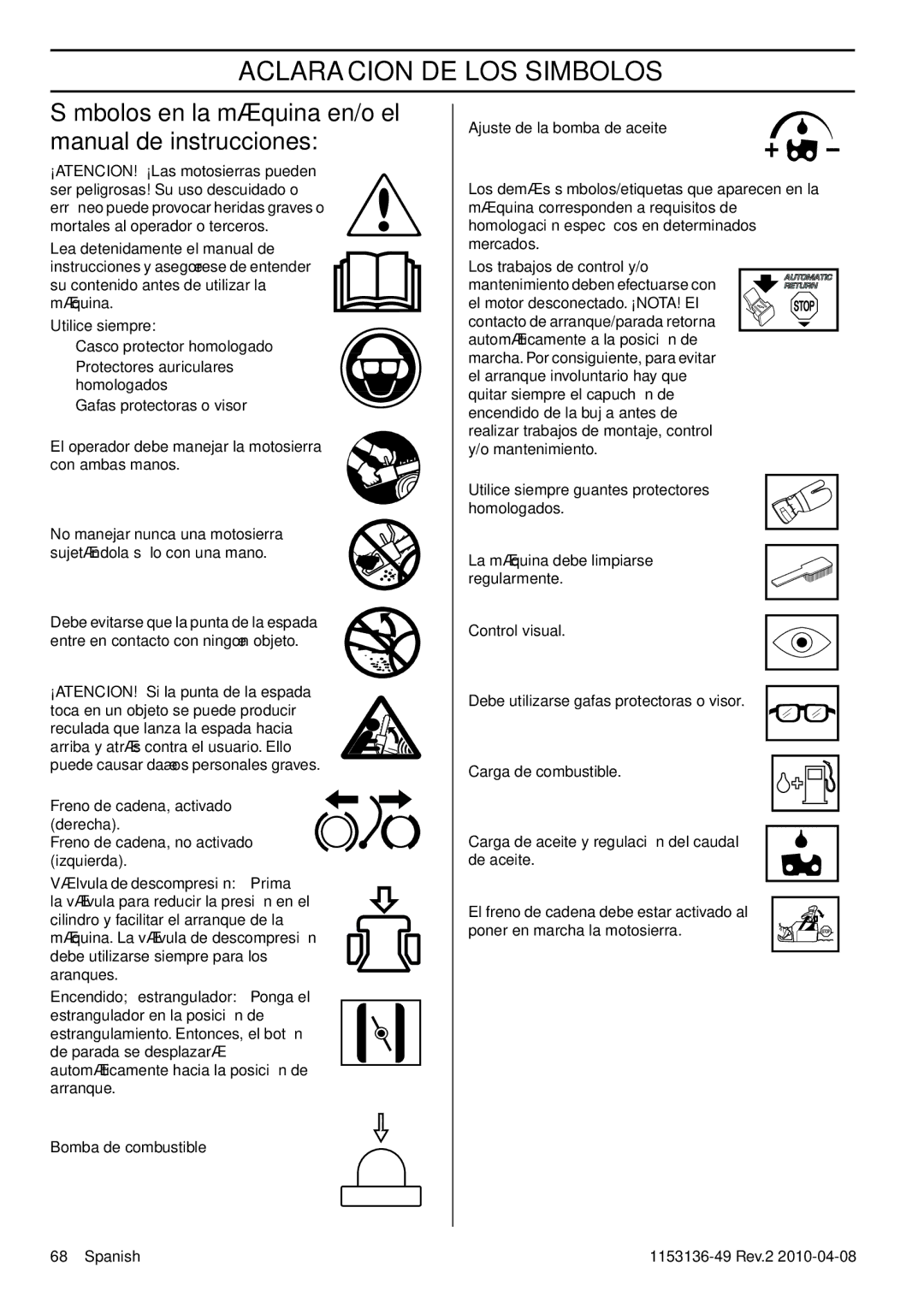 Husqvarna 1153136-49 manuel dutilisation Aclaracion DE LOS Simbolos, Símbolos en la máquina en/o el manual de instrucciones 