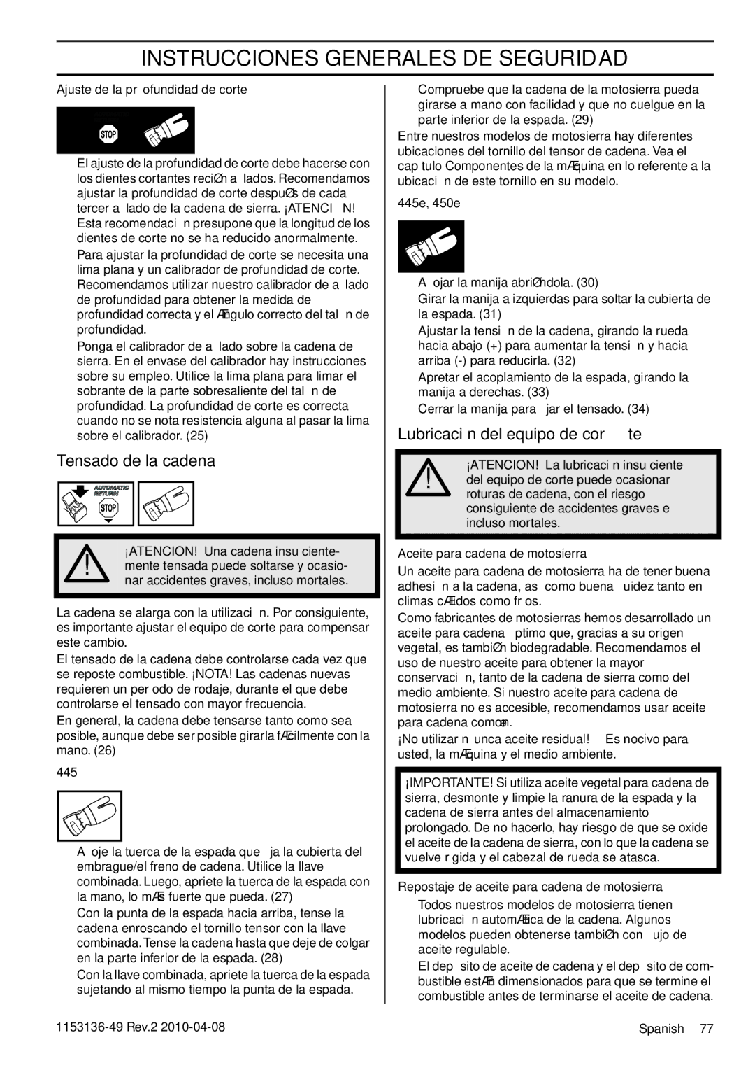 Husqvarna 1153136-49 Tensado de la cadena, Lubricación del equipo de corte, Ajuste de la profundidad de corte 