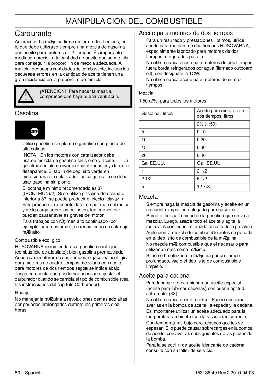 Husqvarna 1153136-49 manuel dutilisation Manipulacion DEL Combustible, Carburante 