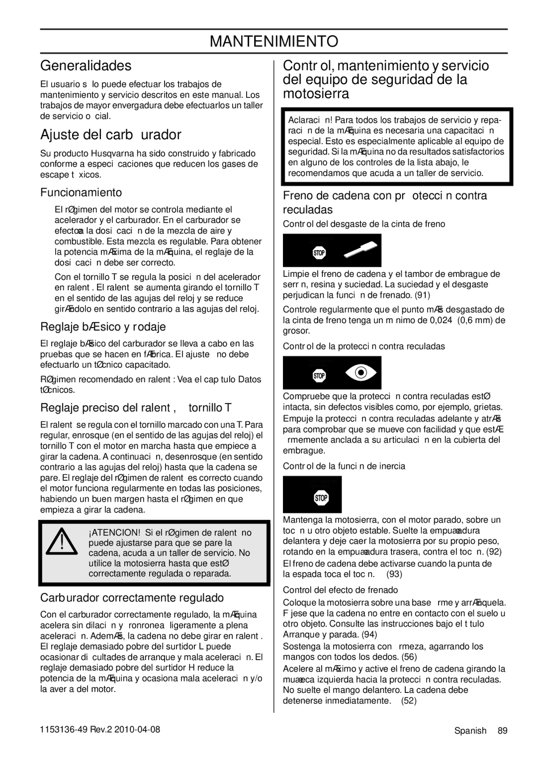 Husqvarna 1153136-49 manuel dutilisation Mantenimiento, Generalidades, Ajuste del carburador 