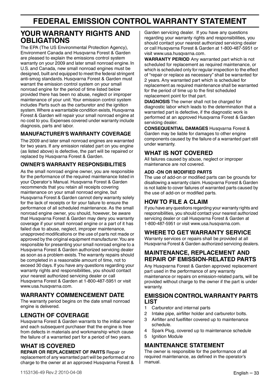 Husqvarna 1153136-49 Federal Emission Control Warranty Statement, Your Warranty Rights And Obligations, Length Of Coverage 
