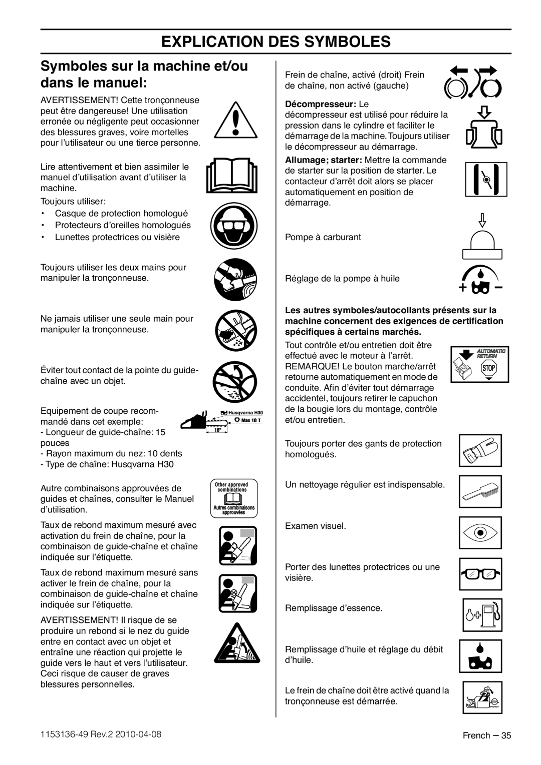 Husqvarna 1153136-49 manuel dutilisation Explication Des Symboles, Symboles sur la machine et/ou dans le manuel 