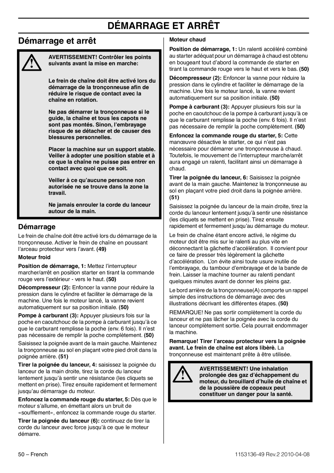 Husqvarna 1153136-49 manuel dutilisation Démarrage Et Arrêt, Démarrage et arrêt 