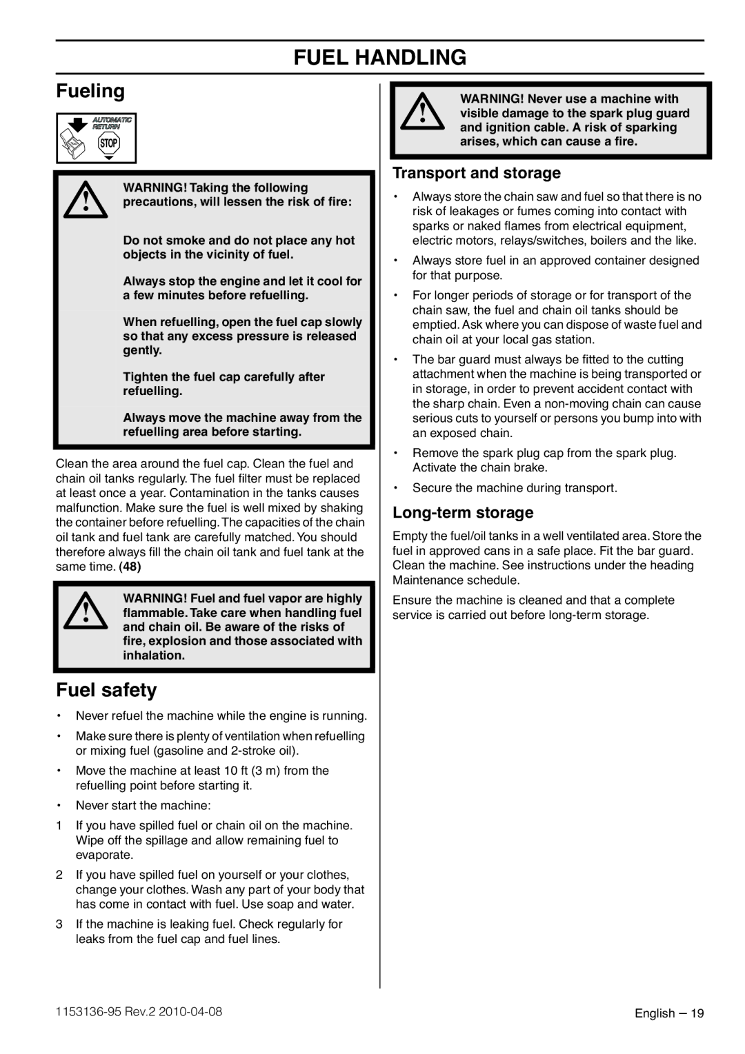 Husqvarna 1153136-95 manual Fueling, Fuel safety, Transport and storage, Long-term storage 