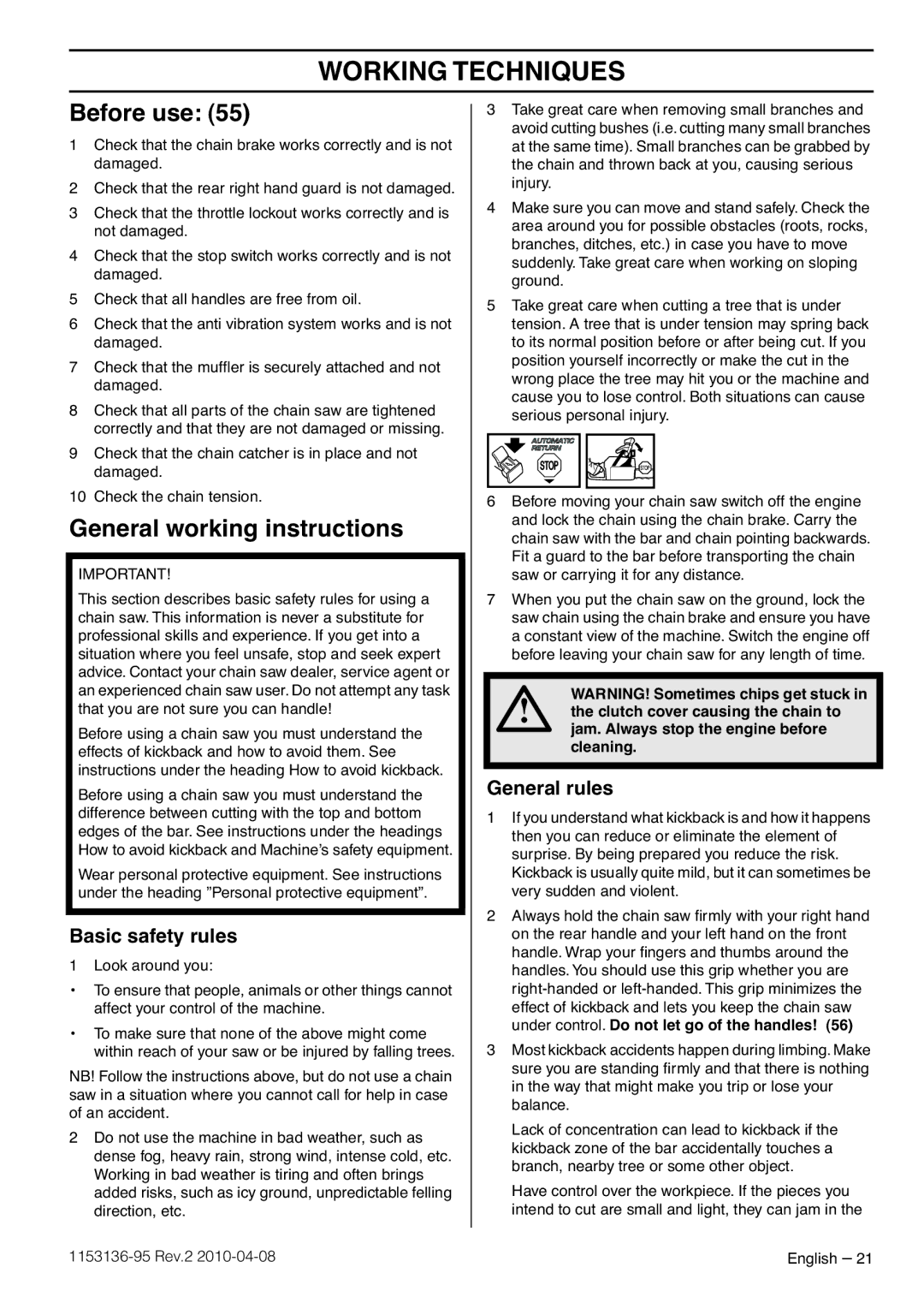 Husqvarna 1153136-95 manual Working Techniques, Before use, General working instructions, Basic safety rules 