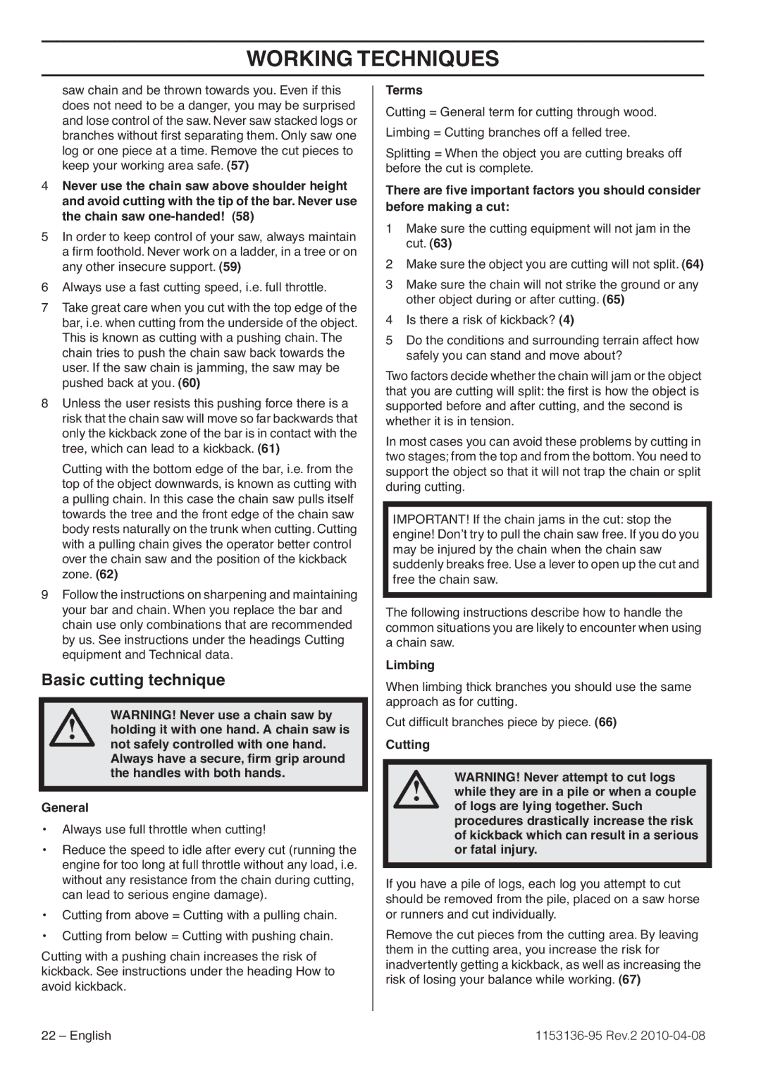 Husqvarna 1153136-95 manual Basic cutting technique, Terms, Limbing 