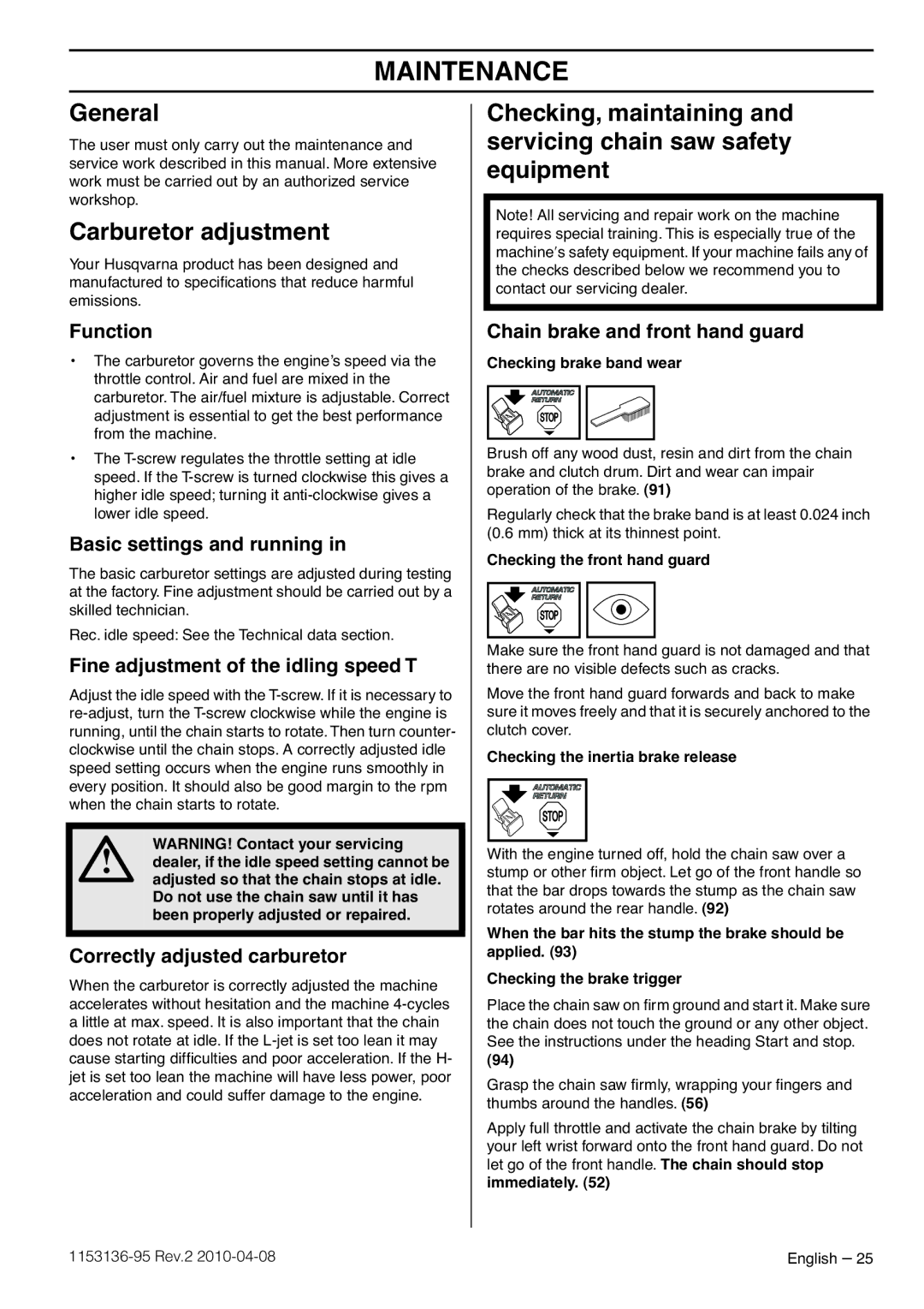 Husqvarna 1153136-95 manual Maintenance, General, Carburetor adjustment 