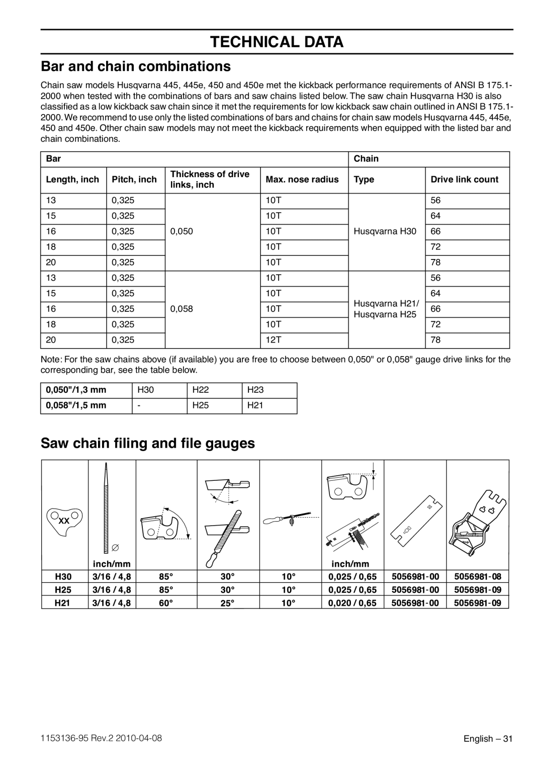 Husqvarna 1153136-95 manual Bar and chain combinations, Saw chain ﬁling and ﬁle gauges, 050/1,3 mm, 058/1,5 mm 