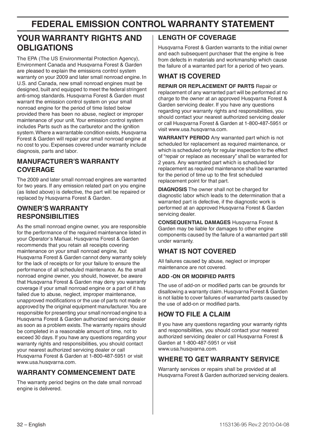 Husqvarna 1153136-95 manual Federal Emission Control Warranty Statement, Your Warranty Rights and Obligations 