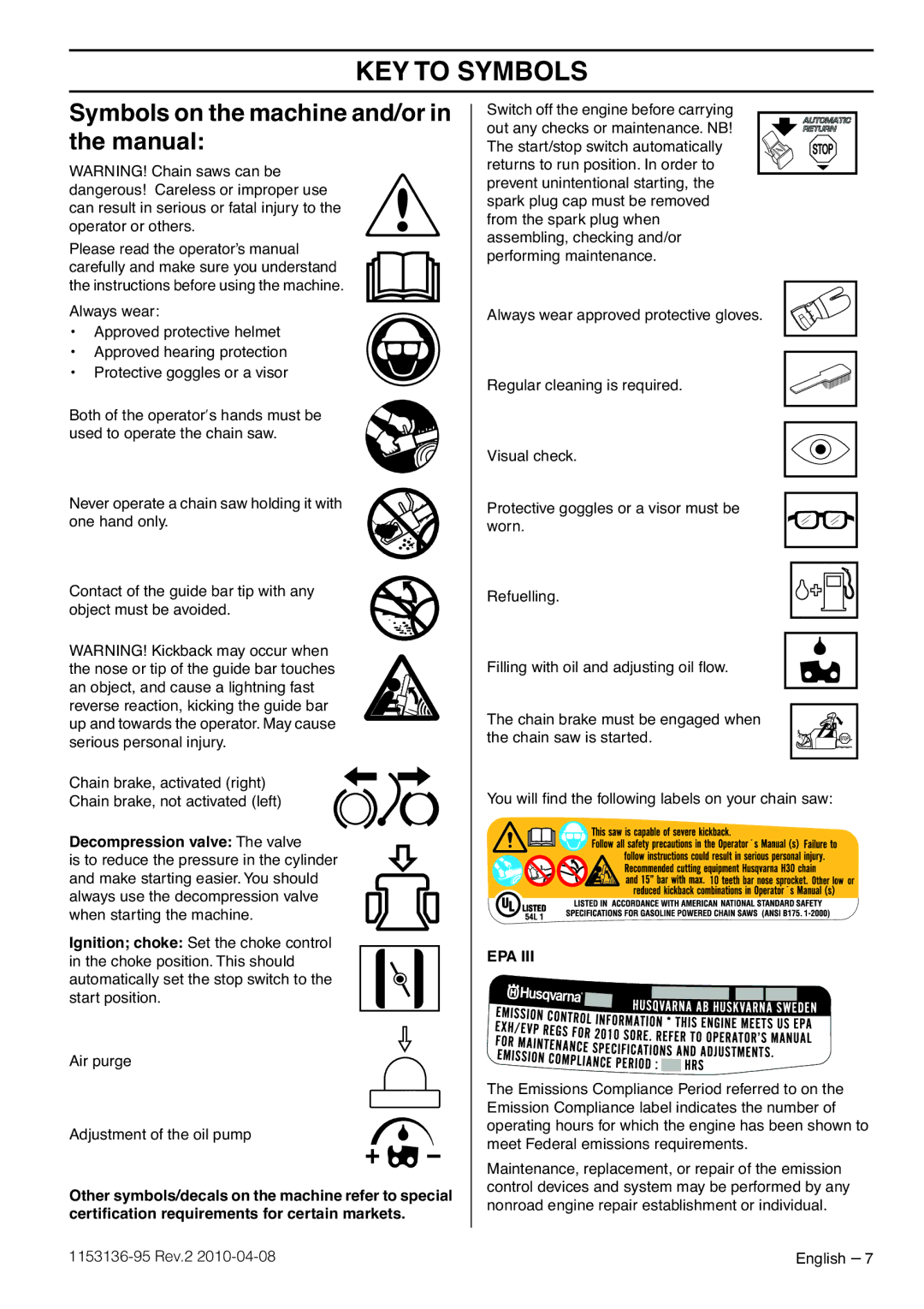 Husqvarna 1153136-95 KEY to Symbols, Symbols on the machine and/or in the manual, Decompression valve The valve 