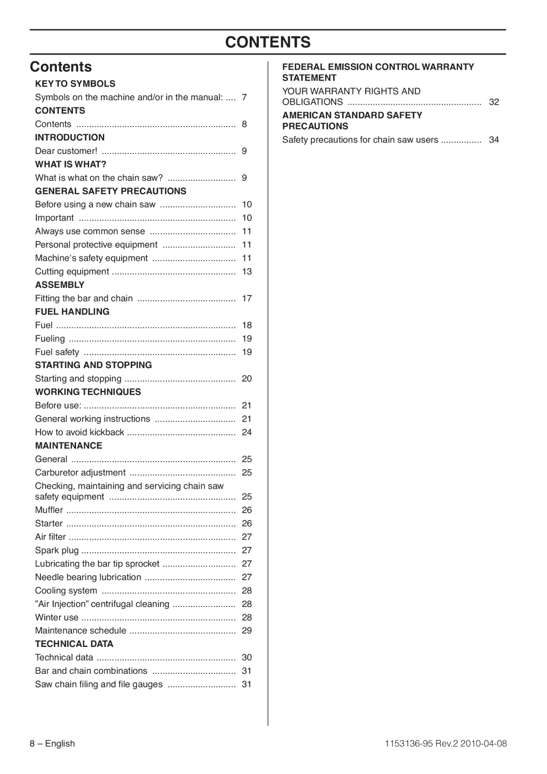 Husqvarna 1153136-95 manual Contents 