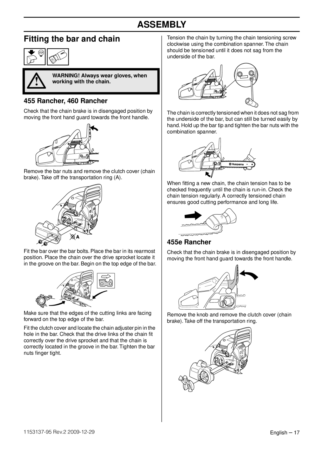 Husqvarna 1153137-95 manual Assembly, Fitting the bar and chain, Rancher, 460 Rancher, 455e Rancher, Working with the chain 