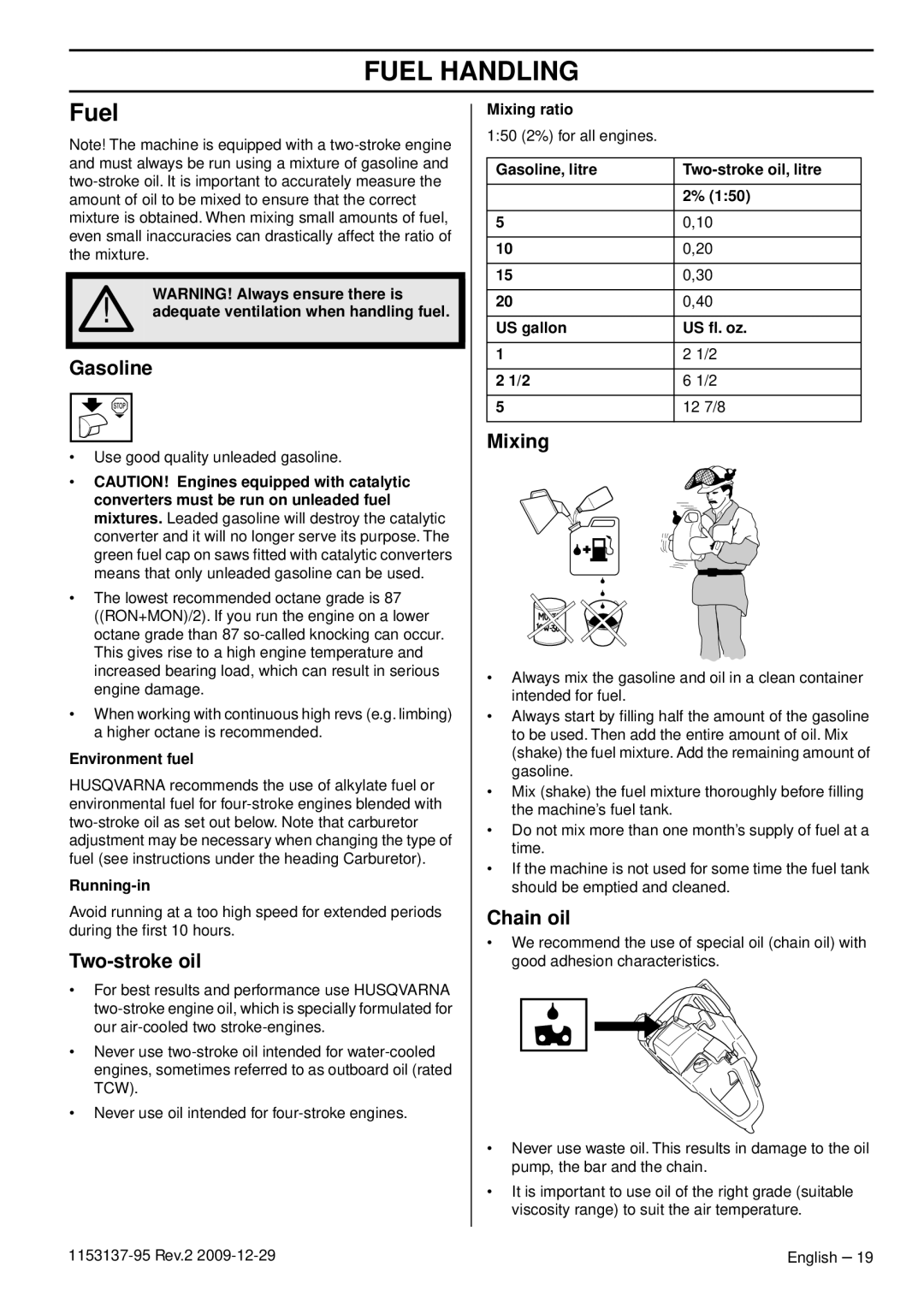 Husqvarna 1153137-95 manual Fuel Handling 