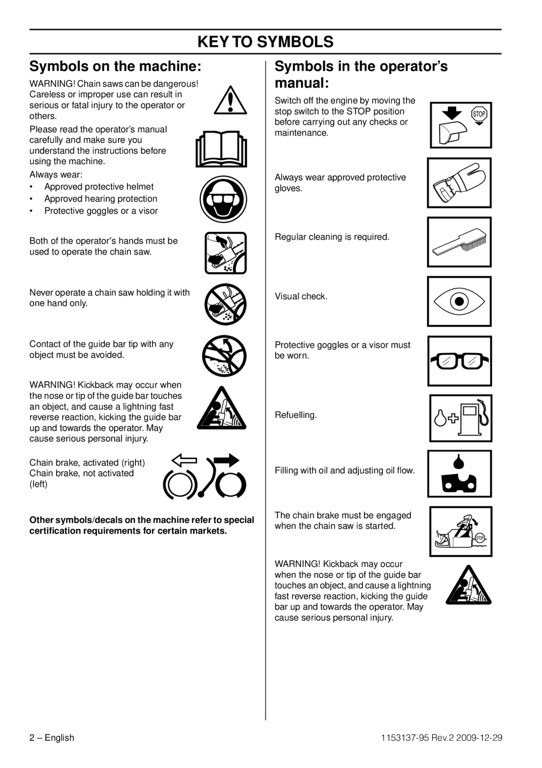 Husqvarna 1153137-95 KEY to Symbols, Symbols on the machine, Symbols in the operator’s manual 