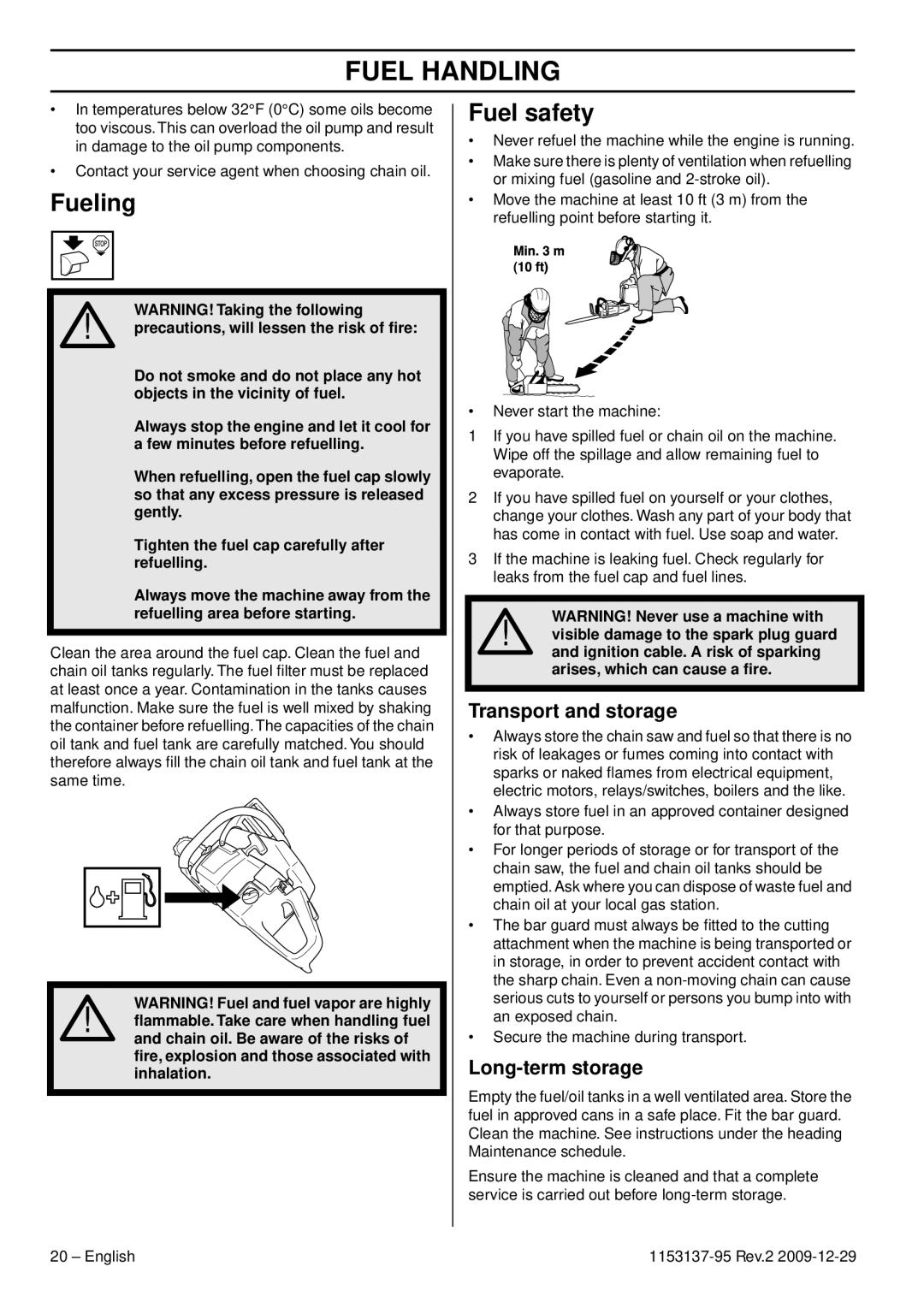 Husqvarna 1153137-95 manual Fueling, Fuel safety, Transport and storage, Long-term storage 