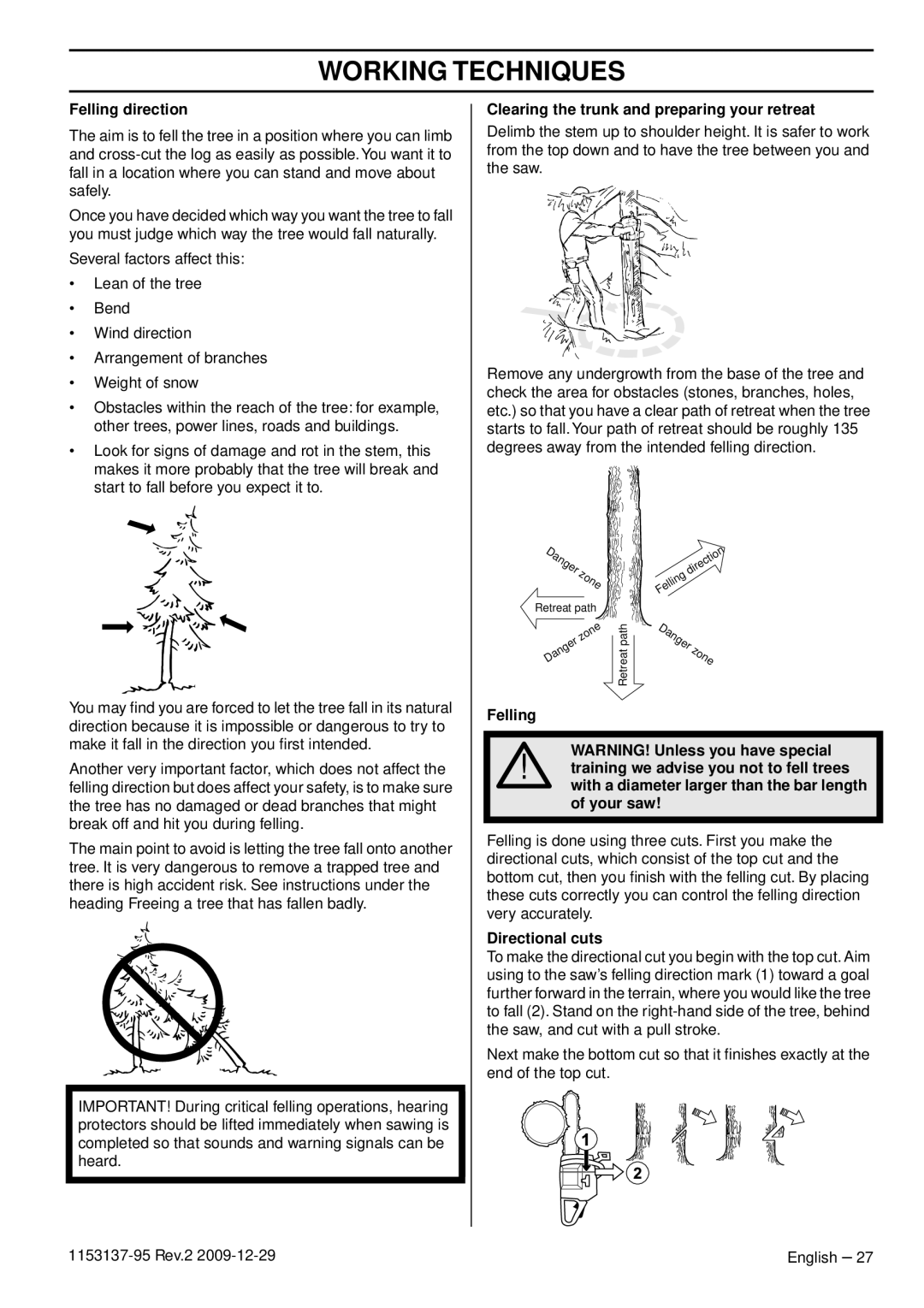 Husqvarna 1153137-95 manual Felling direction, Clearing the trunk and preparing your retreat, Directional cuts 