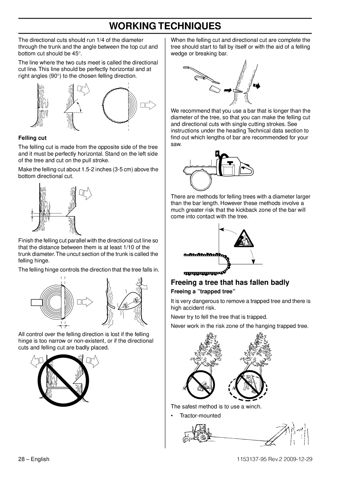 Husqvarna 1153137-95 manual Freeing a tree that has fallen badly, Felling cut, Freeing a trapped tree 