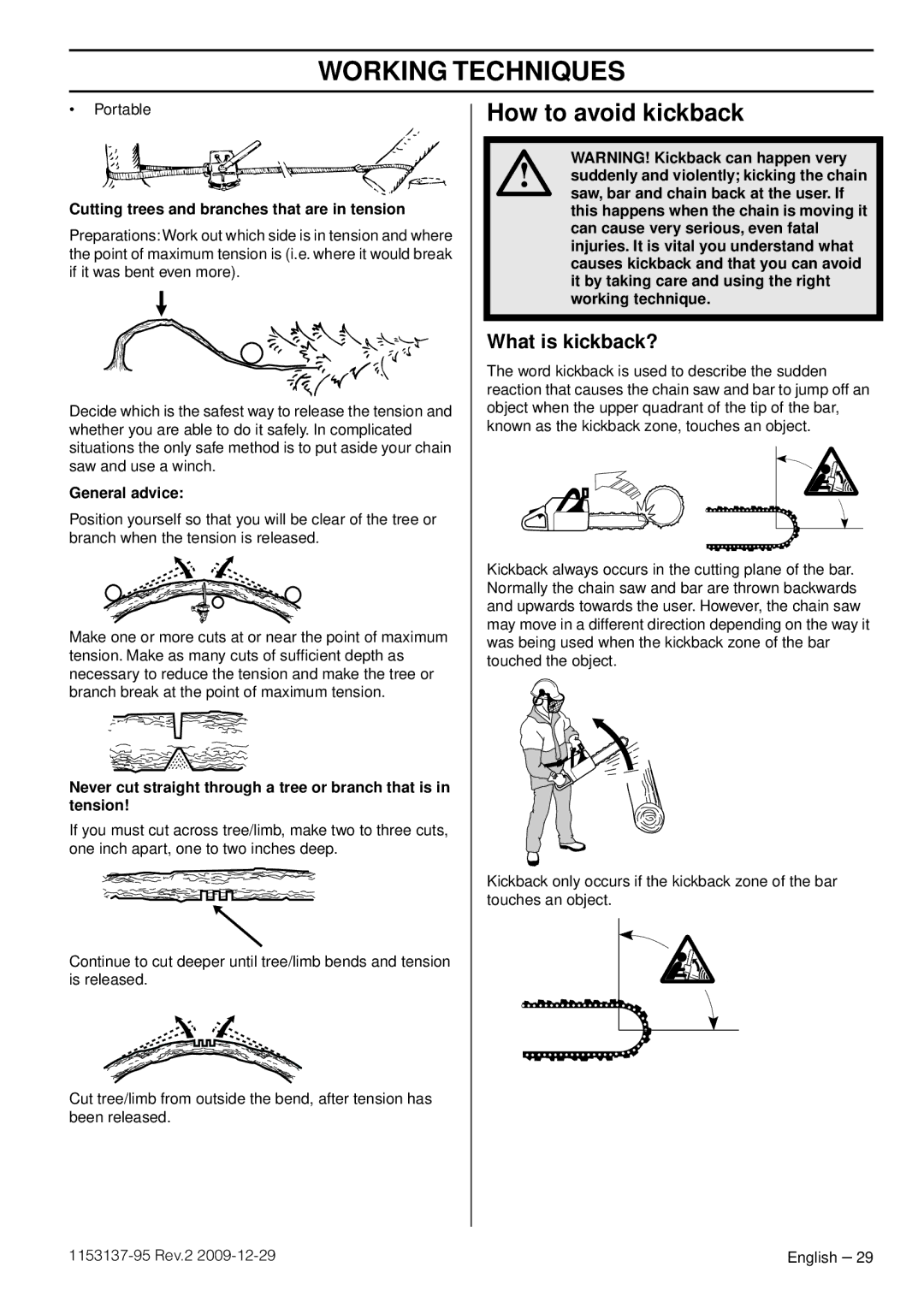 Husqvarna 1153137-95 manual How to avoid kickback, What is kickback?, Cutting trees and branches that are in tension 