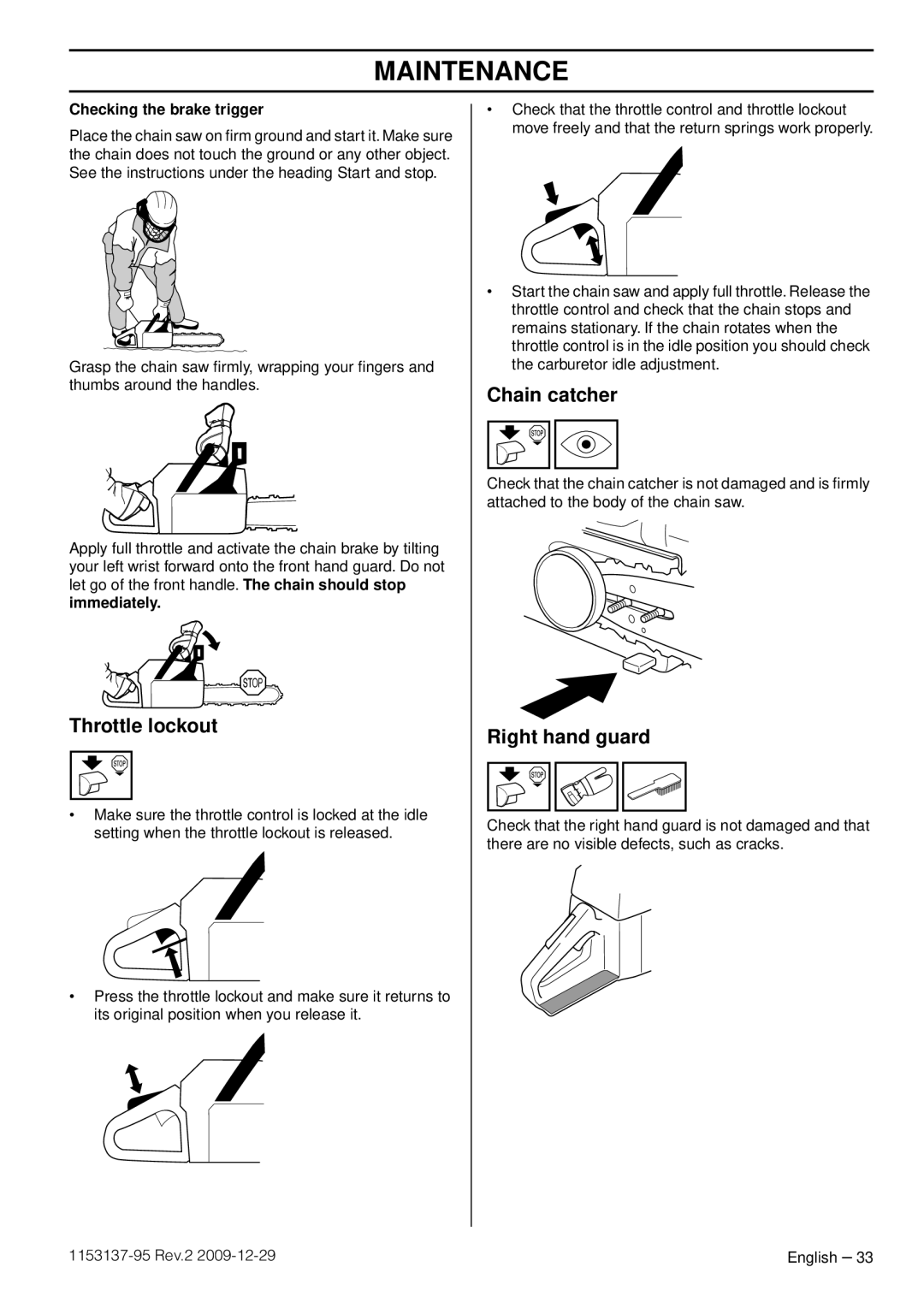 Husqvarna 1153137-95 manual Throttle lockout, Checking the brake trigger 