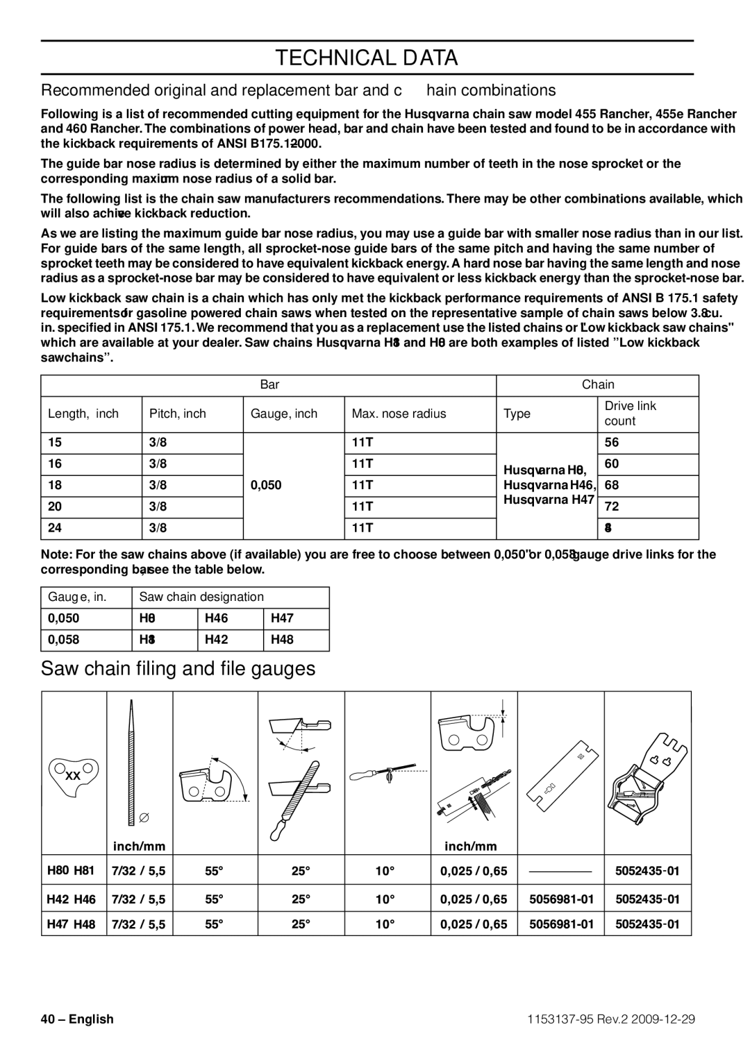 Husqvarna 1153137-95 manual Saw chain ﬁling and ﬁle gauges, Gauge, Saw chain designation 