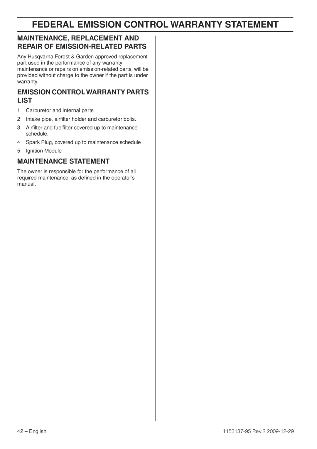 Husqvarna 1153137-95 manual MAINTENANCE, Replacement Repair of EMISSION-RELATED Parts 