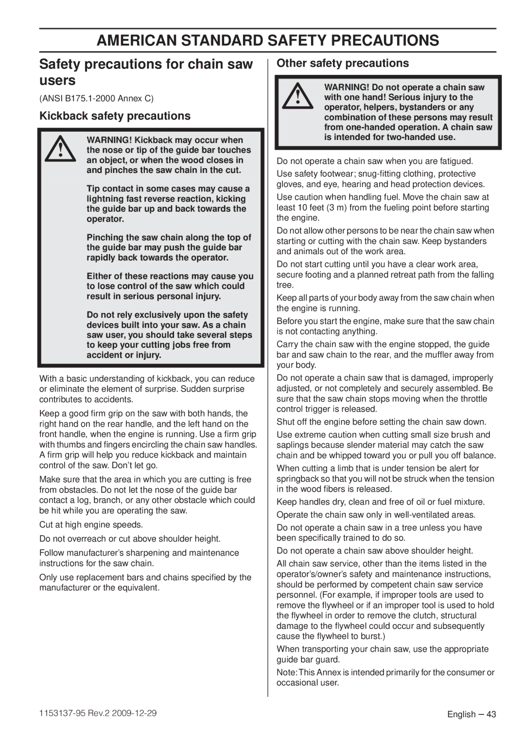 Husqvarna 1153137-95 manual American Standard Safety Precautions, Safety precautions for chain saw users 