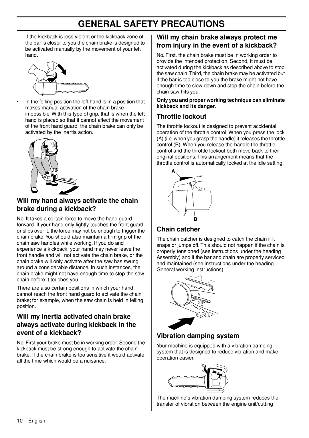Husqvarna 1153158-95 manual Throttle lockout, Chain catcher, Vibration damping system 