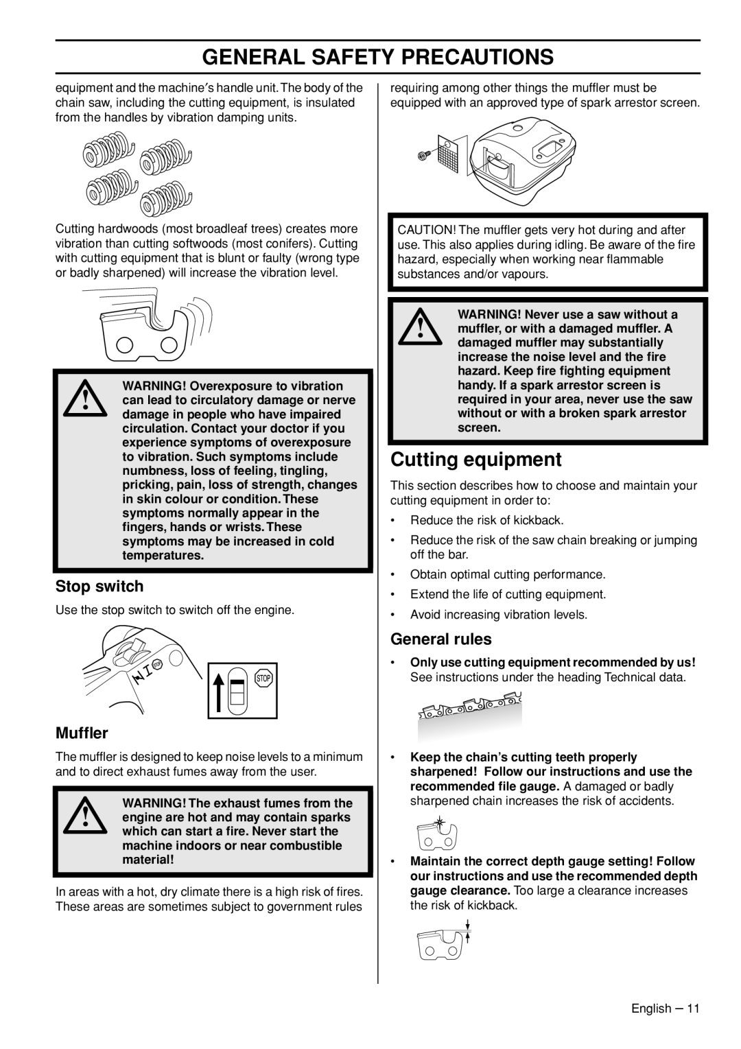 Husqvarna 1153158-95 manual Cutting equipment, Stop switch, Mufﬂer, General rules 