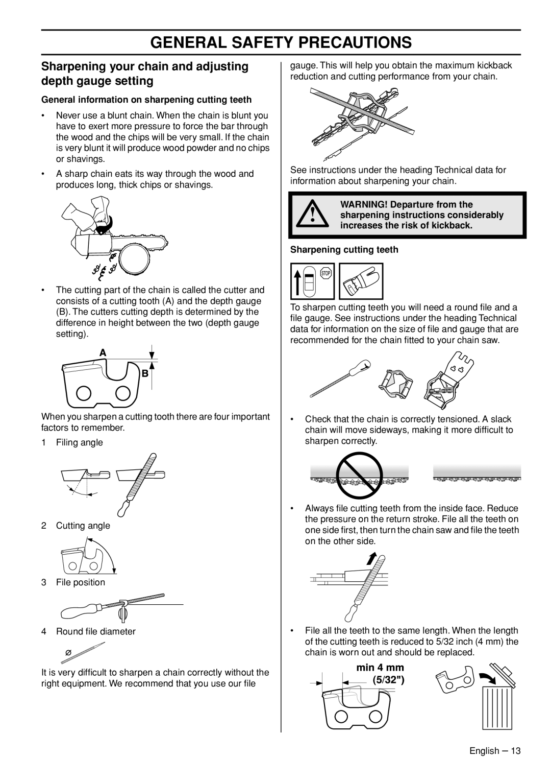 Husqvarna 1153158-95 manual Sharpening your chain and adjusting depth gauge setting 