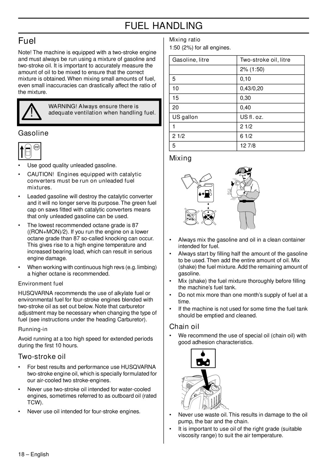 Husqvarna 1153158-95 manual Fuel Handling 