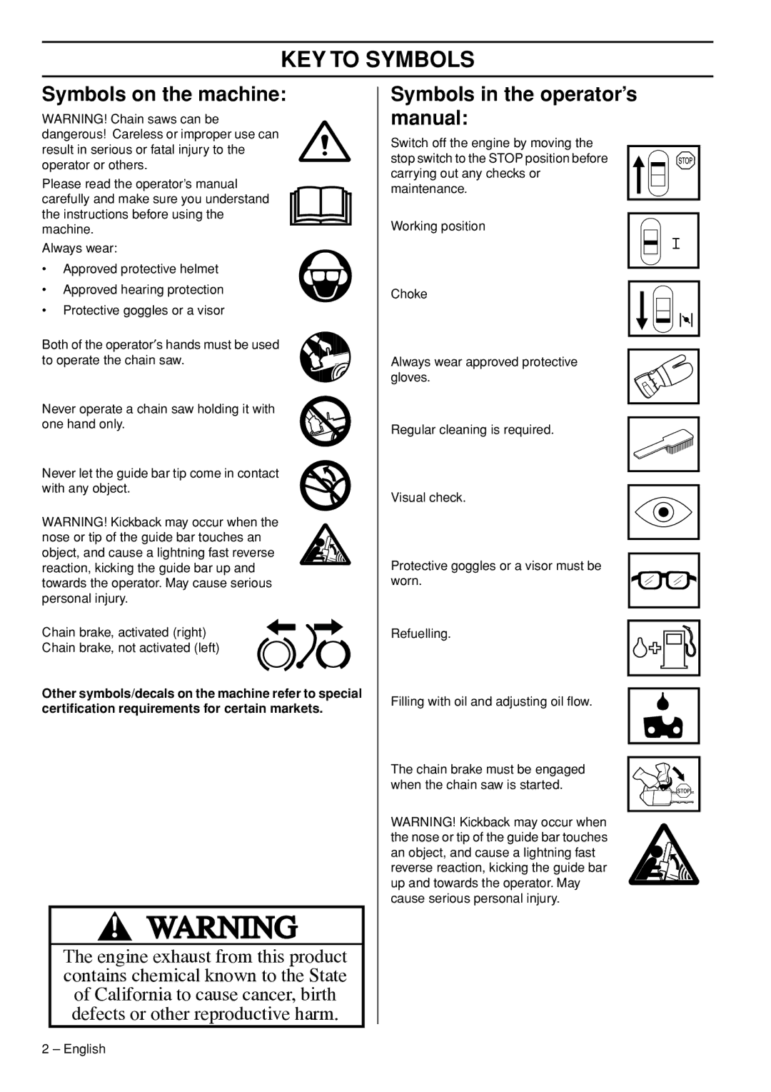 Husqvarna 1153158-95 KEY to Symbols, Symbols on the machine, Symbols in the operator’s manual 