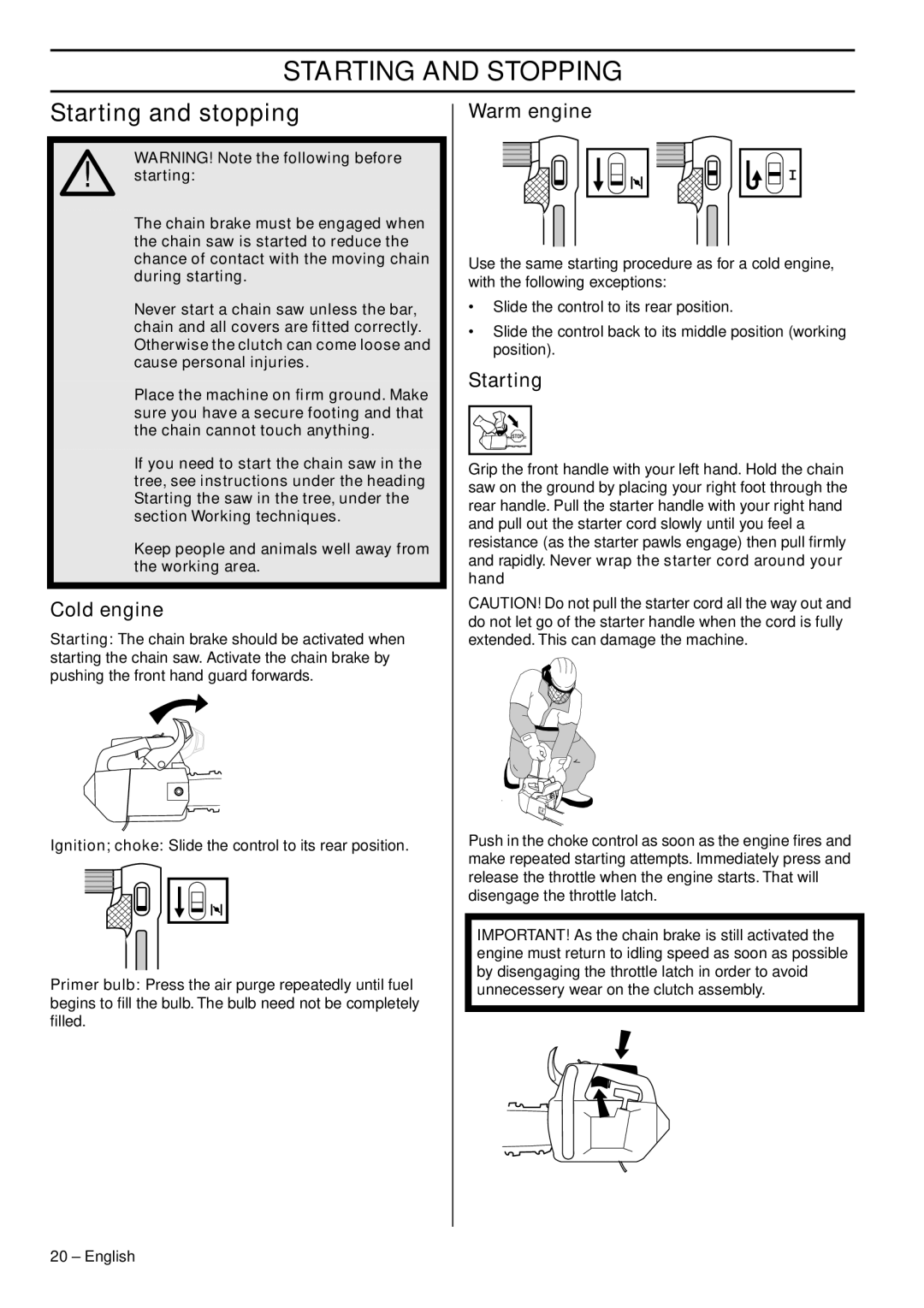 Husqvarna 1153158-95 manual Starting and Stopping, Starting and stopping, Cold engine, Warm engine 