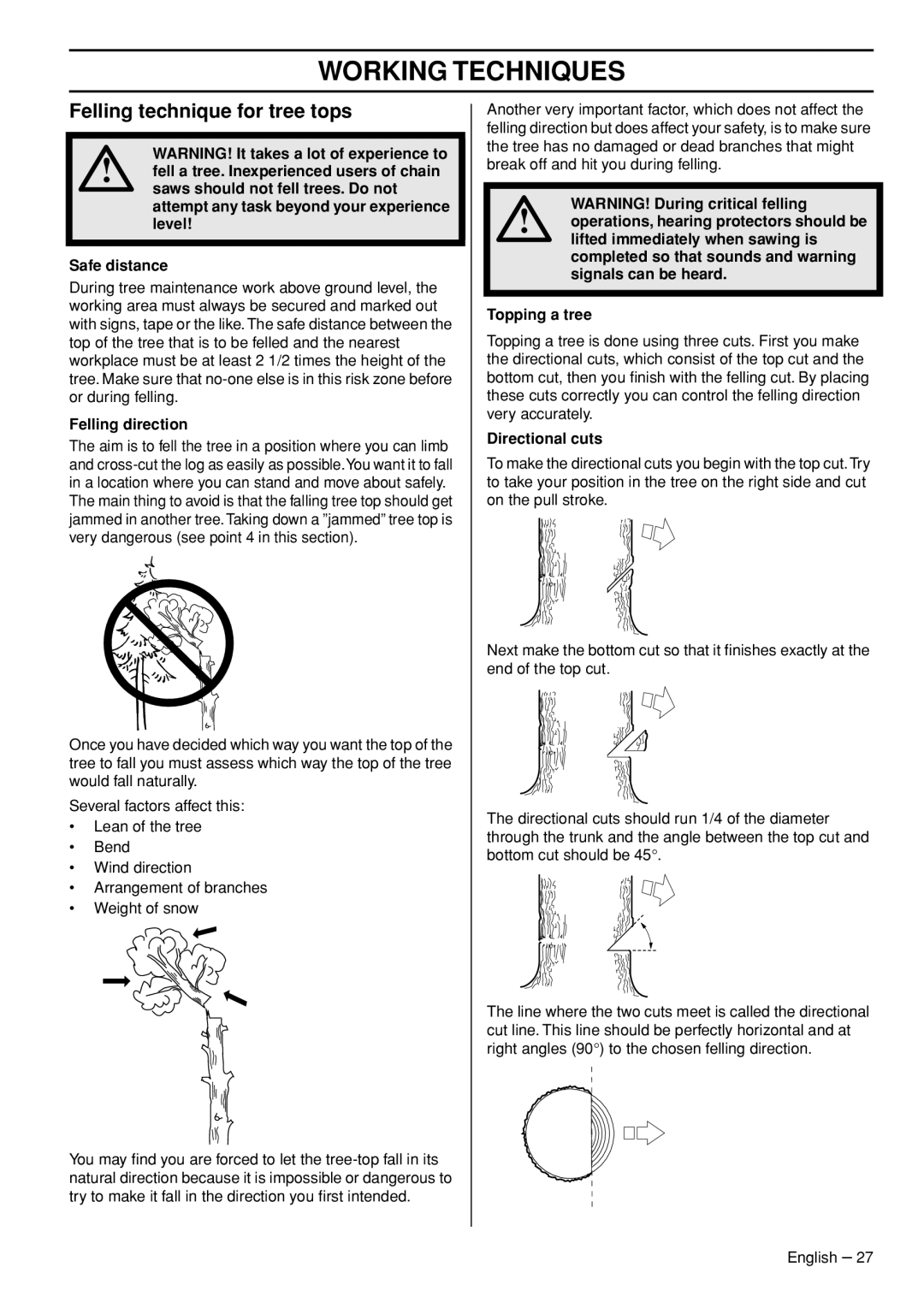 Husqvarna 1153158-95 manual Felling technique for tree tops, Felling direction, Directional cuts 