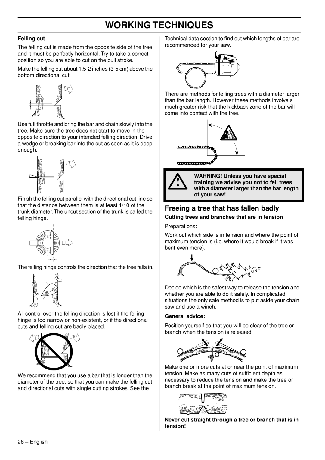 Husqvarna 1153158-95 Freeing a tree that has fallen badly, Felling cut, Cutting trees and branches that are in tension 