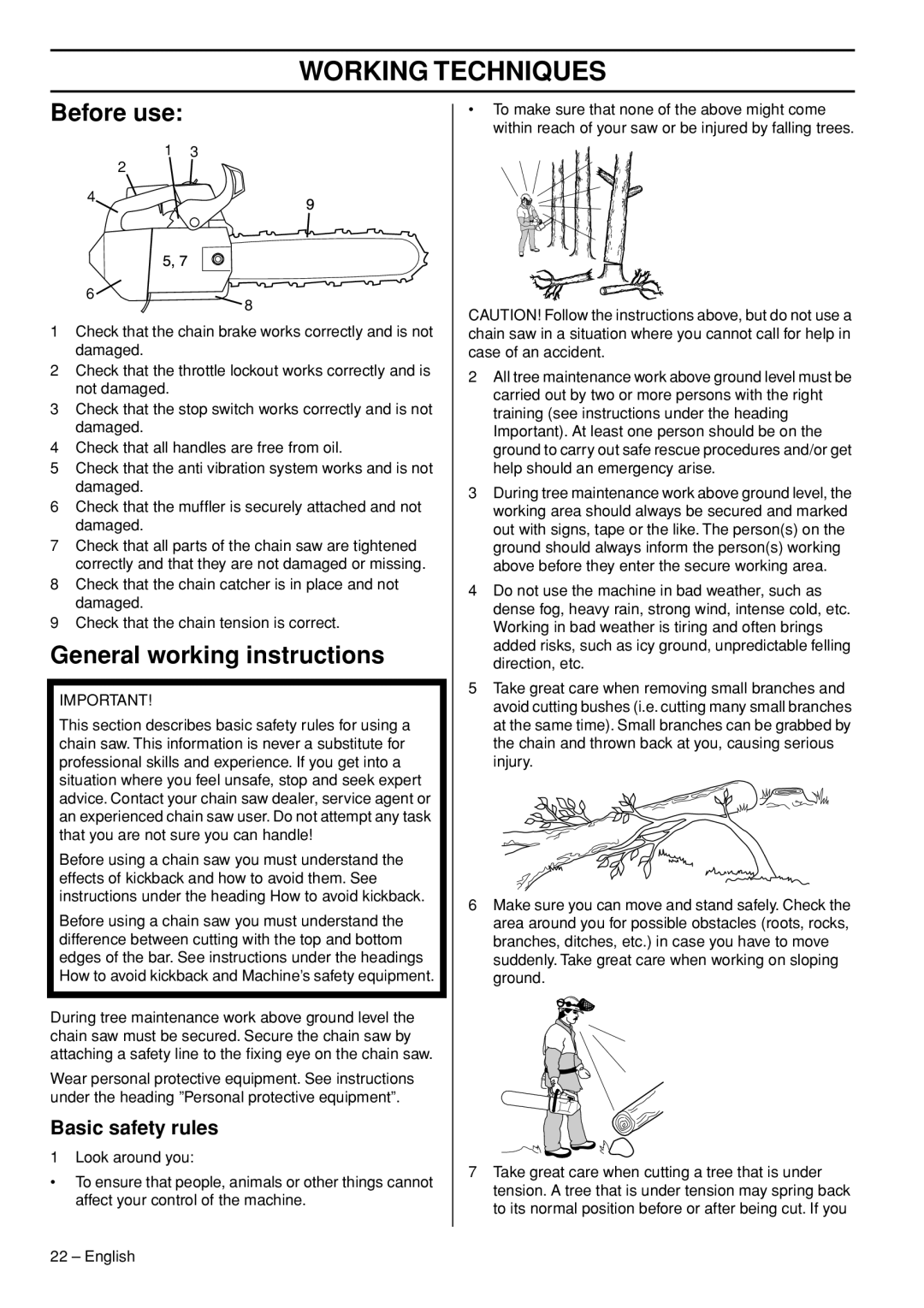 Husqvarna 1153158-95 manual Working Techniques, Before use, General working instructions, Basic safety rules 