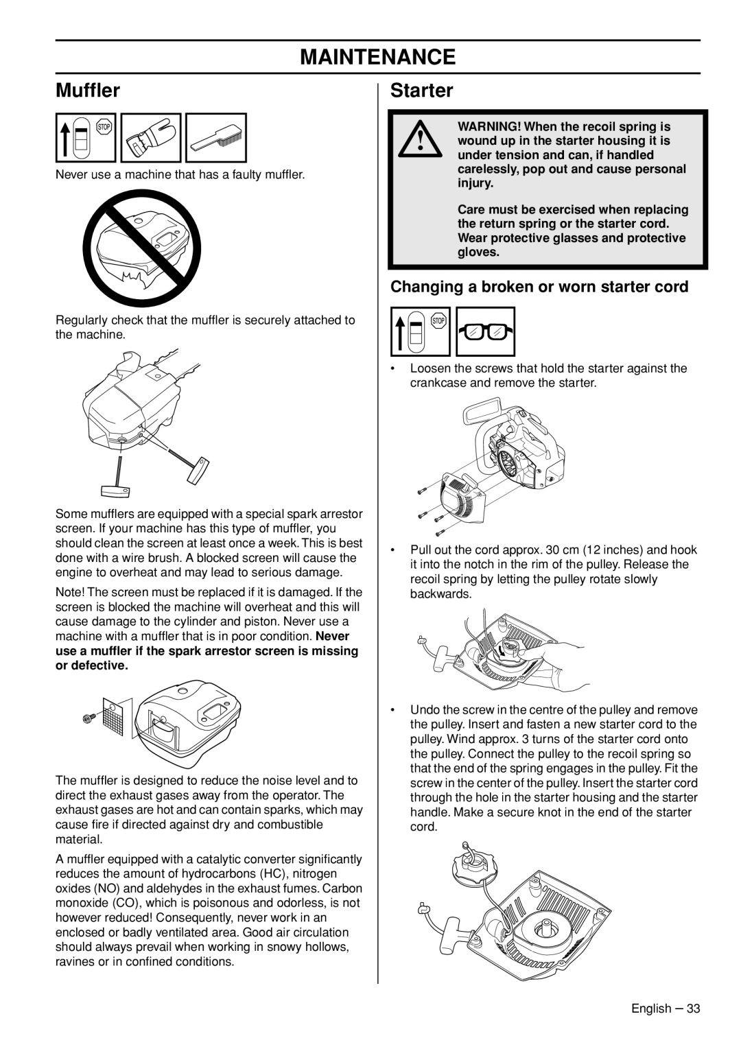 Husqvarna 1153158-95 manual Mufﬂer, Starter, Changing a broken or worn starter cord, Maintenance 
