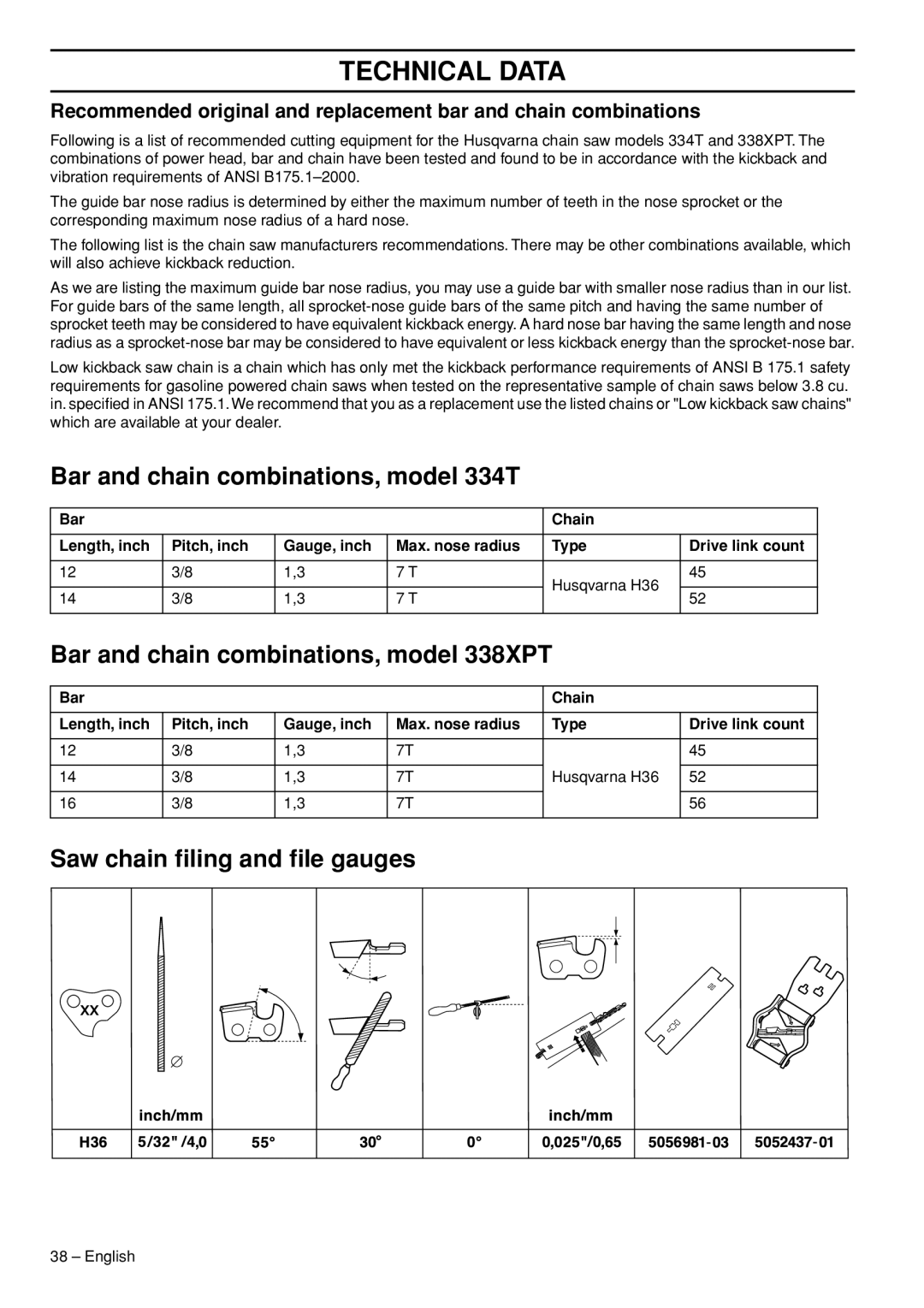 Husqvarna 1153158-95 Bar and chain combinations, model 334T, Bar and chain combinations, model 338XPT, Technical Data 
