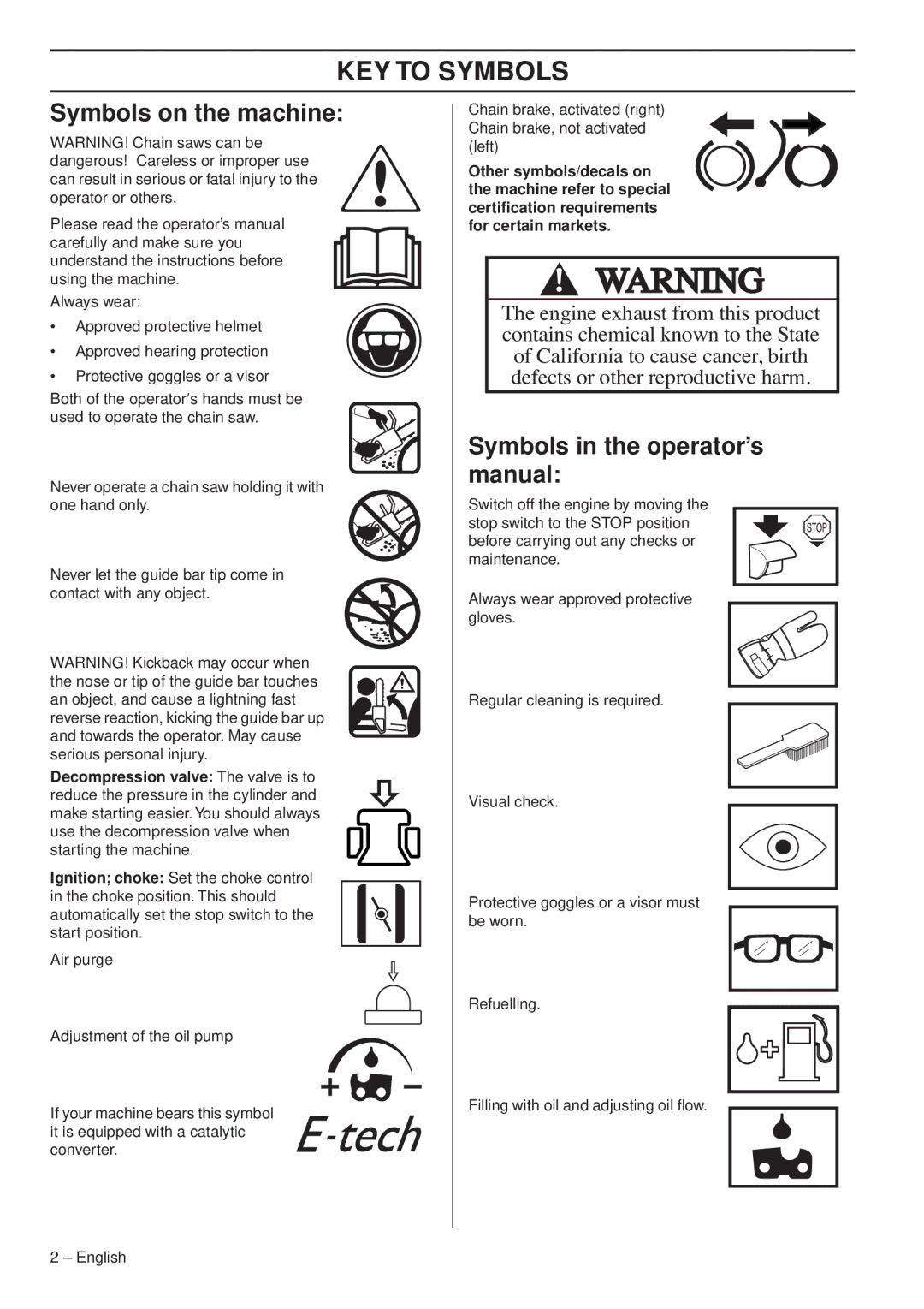 Husqvarna 1153163-95 KEY to Symbols, Symbols on the machine, Symbols in the operator’s manual 